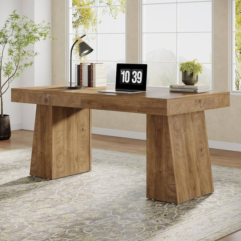 55" Modern Farmhouse Wooden Executive Desk Computer Conference Table - Light Brown