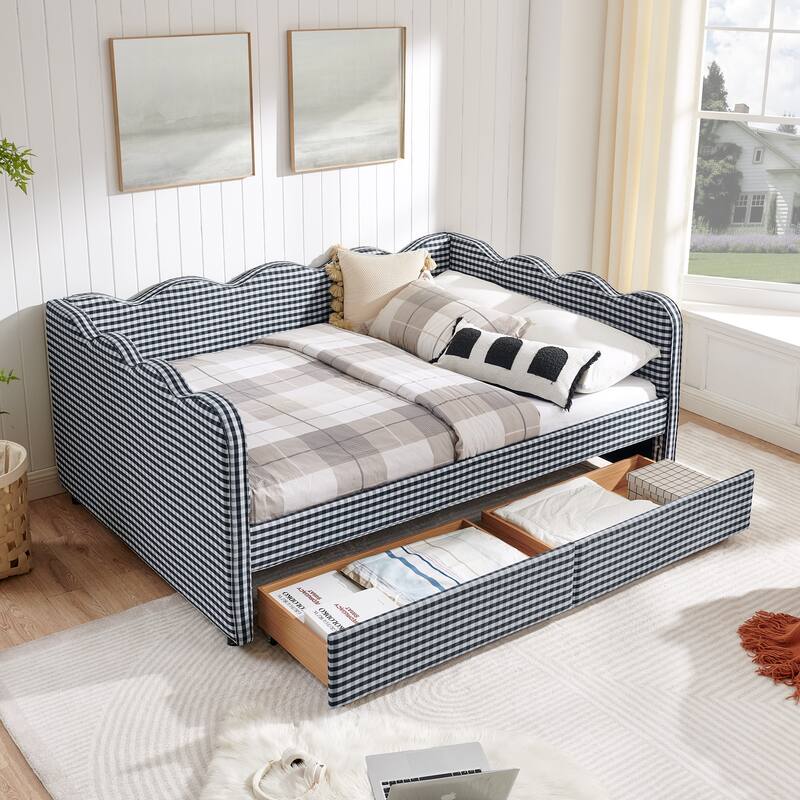 Full/Queen Gingham Daybed with 2 Storage Drawers, USB Port & Wave Shaped Linen Fabric