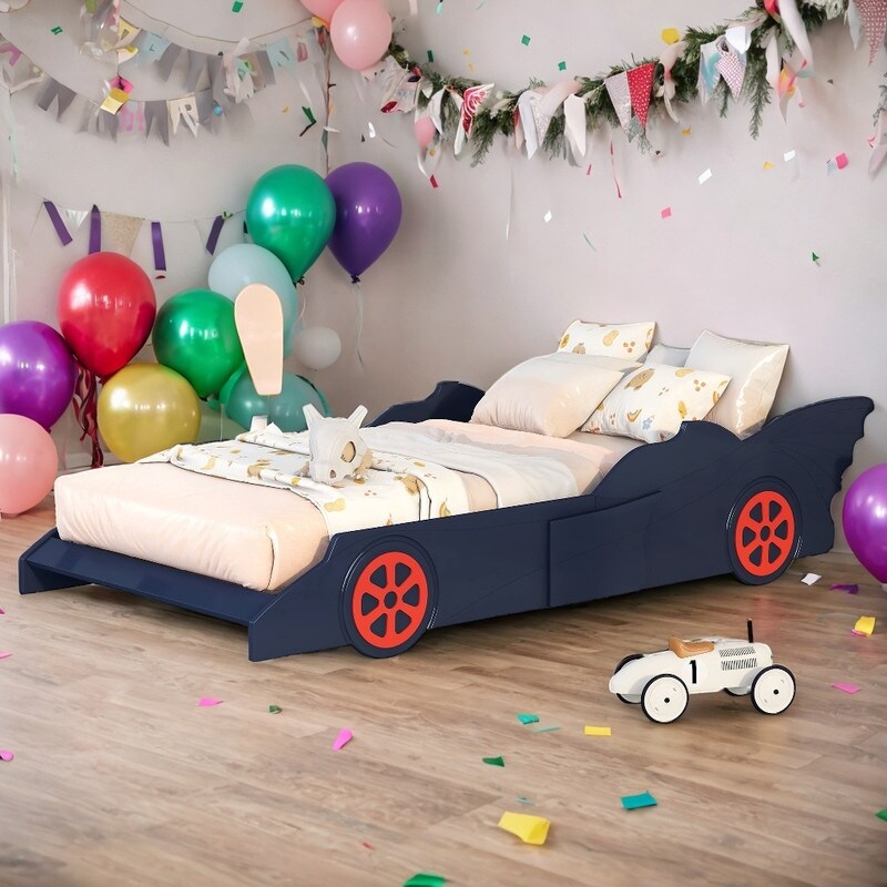  Car Shaped Platform Bed, Wood Twin Playhouse Bed Frame with  Storage Shelves, Racing Rear Wing and Wheels Decoration, Kids Toddler  Bedroom Furniture Fun Race Car Bed Storage Bed (White Car Bed) 