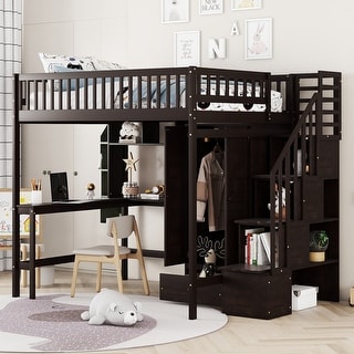 Full Size Loft Bed with Built-in Desk Wardrobe Drawers and Shelves Multi Functional Wooden