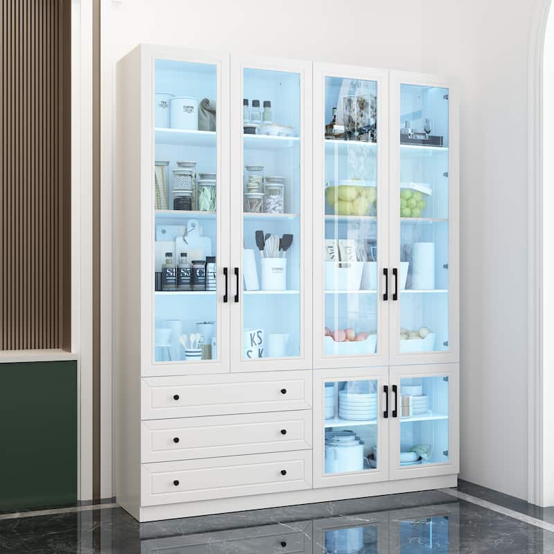 White Storage Solution with Ambient Light Features Pantry Bookshelves - 63"X78.7“