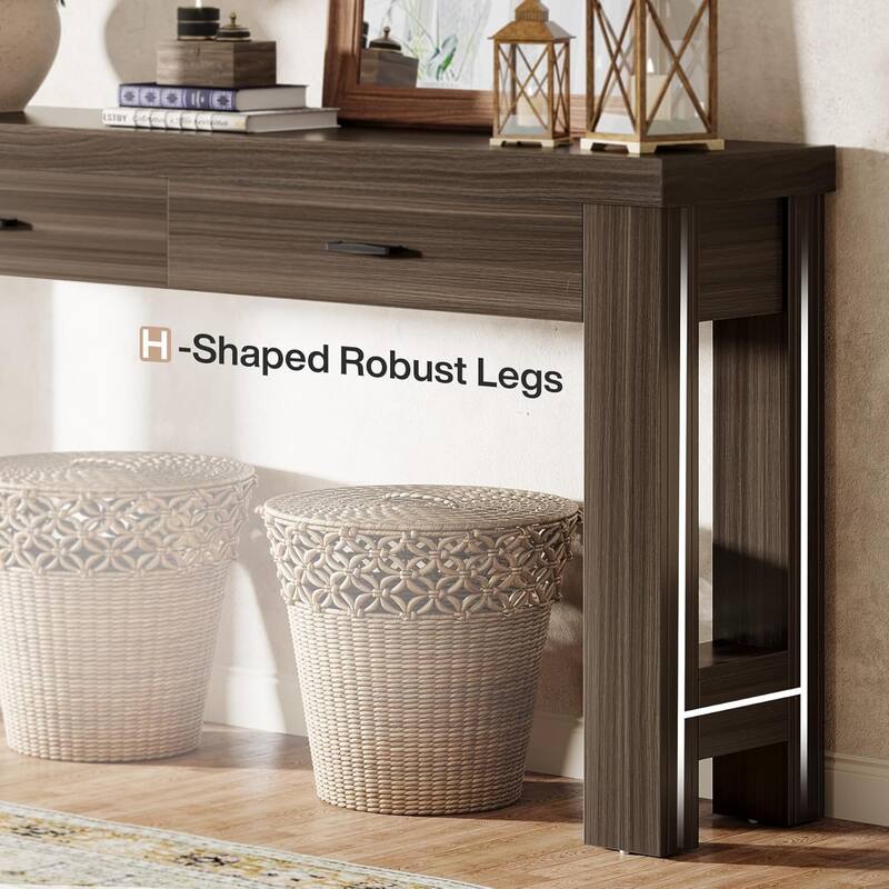 63 Inches Console Table with 2 Drawers, Wood Entryway Table with H-Shaped Legs