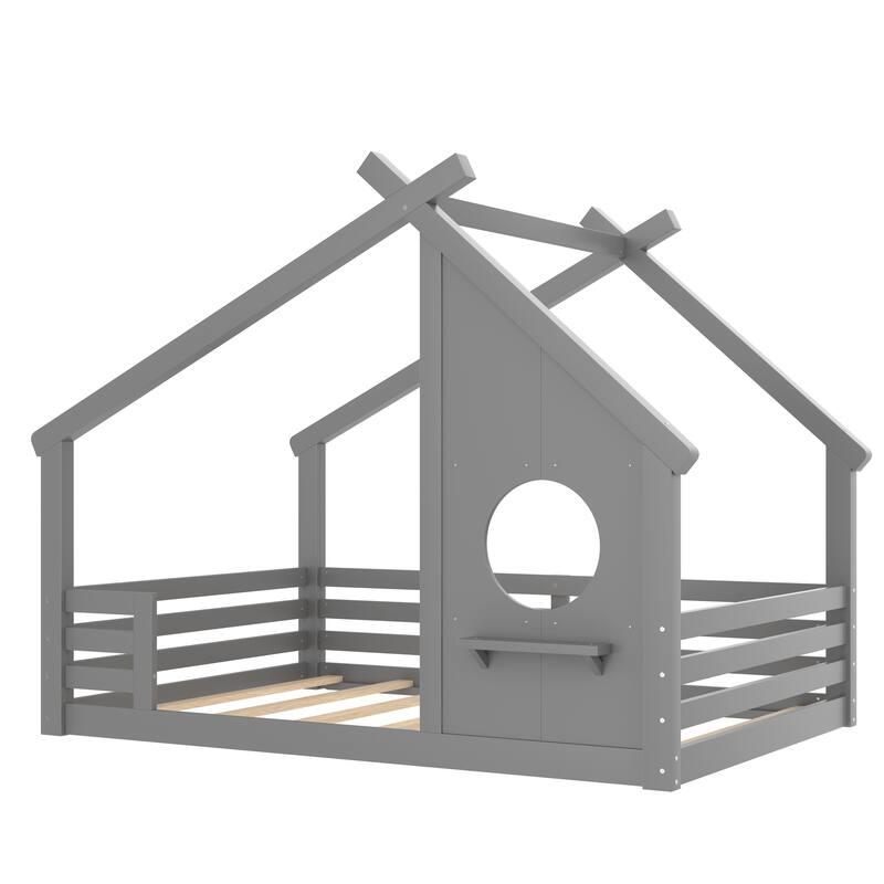 Montessori Kids House-shaped Floor Bed with Window and Shelf