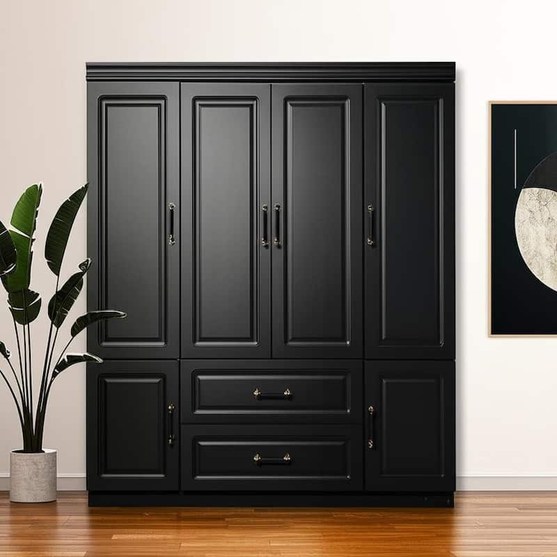 HomeRoots 71" Black Wood Six Door Two Drawer Combo Dresser - Black - 2-drawer