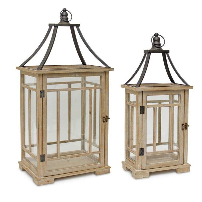 Wooden Lantern (Set of 2) - 14 x 10 x 31; 9.75 x 6.5 x 23