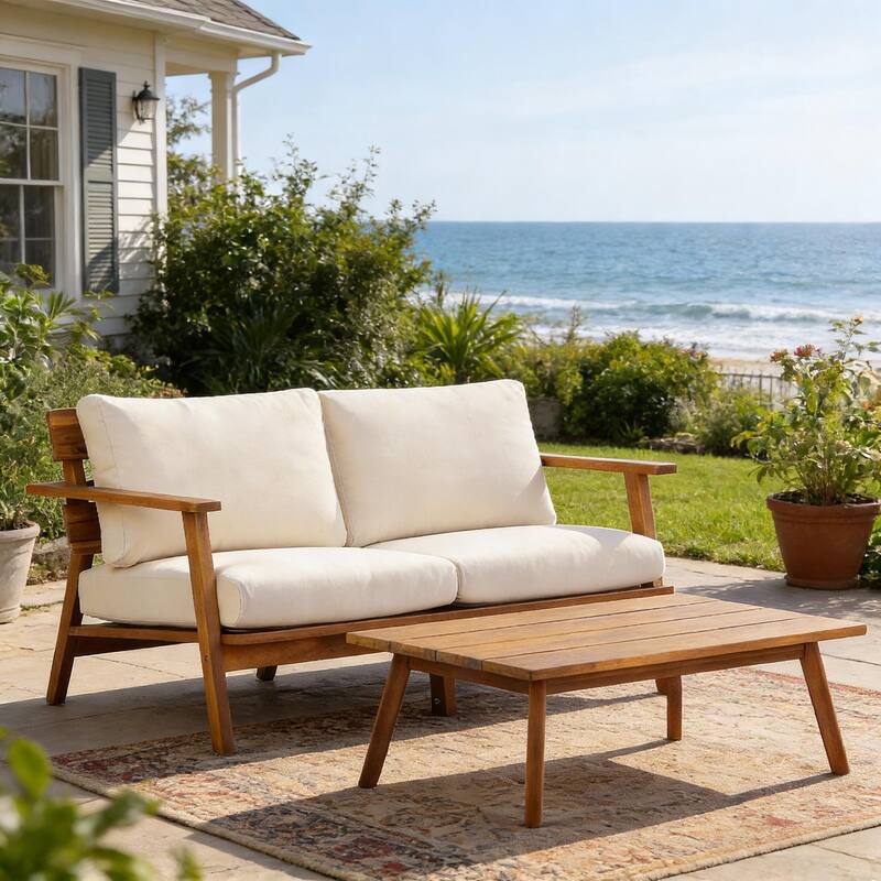 Christopher Knight Home - Haven Mid-Century 2-Piece Acacia Wood Patio Loveseat Set - Teak look + Beige cushion