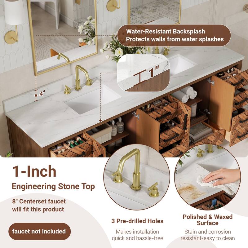 84" Freestanding Bathroom Vanity with Engineered Stone Top, Ceramic Double-Sink, Built-In Power Outlet, and Hair Dryer Storage