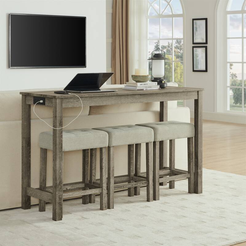 59" Counter Height Bar Table Set with Power Outlet, Industrial Breakfast Table with 3 Stools, 4 Piece Bar Table and Chairs Set