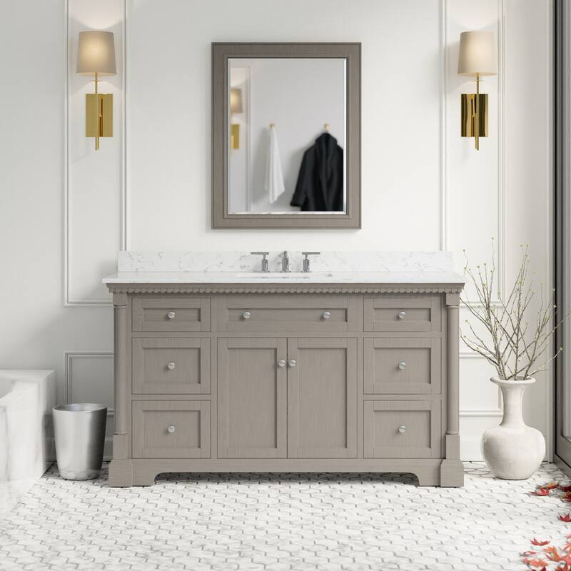 KitchenBathCollection Sydney 60" Single Bathroom Vanity with Engineered Marble Top - Weathered Gray