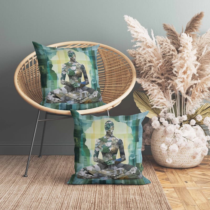 Stone Statue Indoor/Outdoor Reversible Throw Pillow Cyan and Yellow