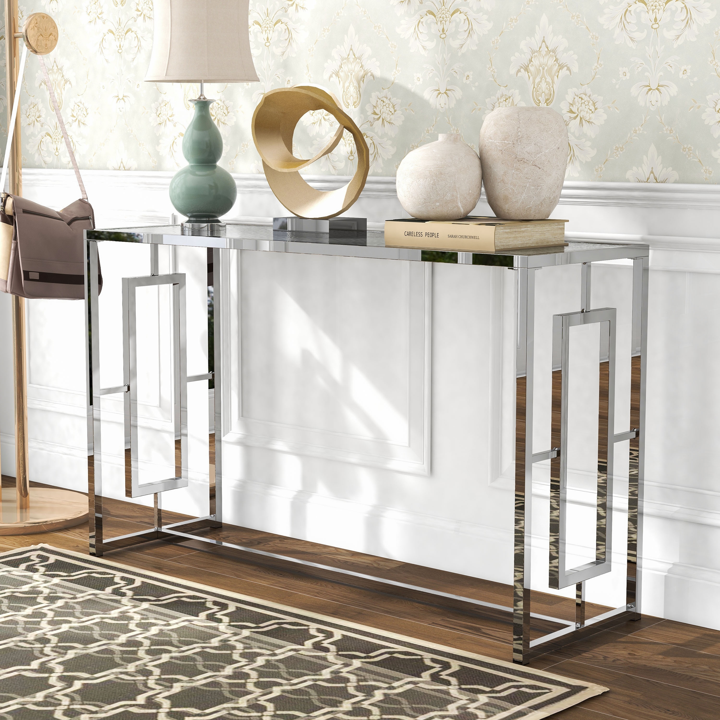 Furniture of America Glitterati Glam Chrome 48-inch Ripple Glass Sofa Table