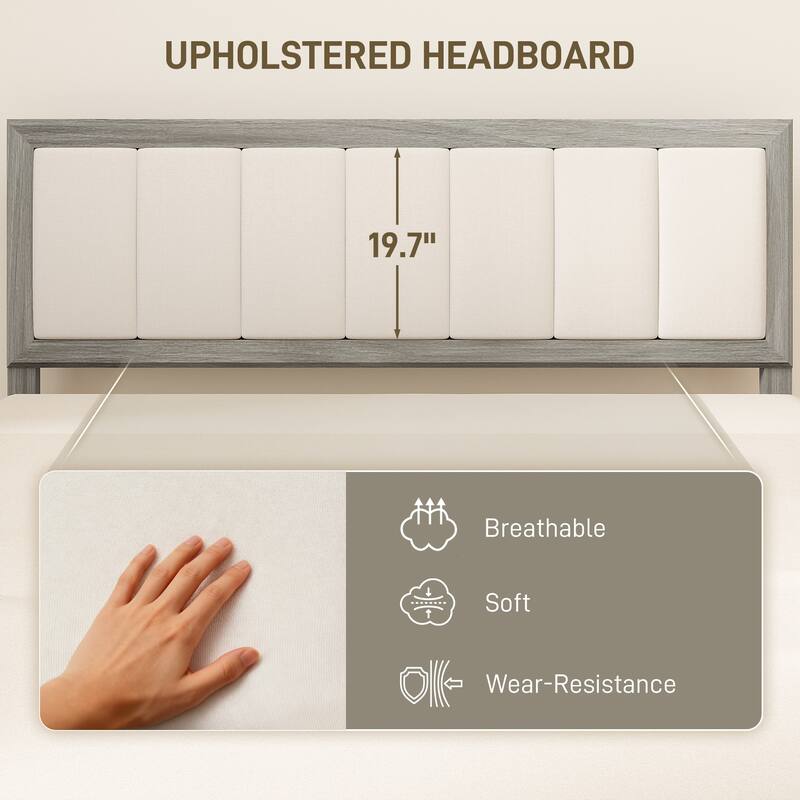 HOMCOM Queen Size Bed Frame with Upholstered Headboard, Platform Bed Frame with Wooden Slats, No Box Spring Needed