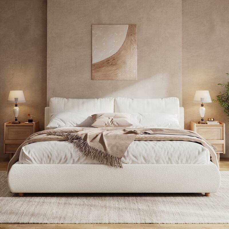 Boucle Fabric Upholstered Platform Bed with Two Removable Pillow Headboard - King
