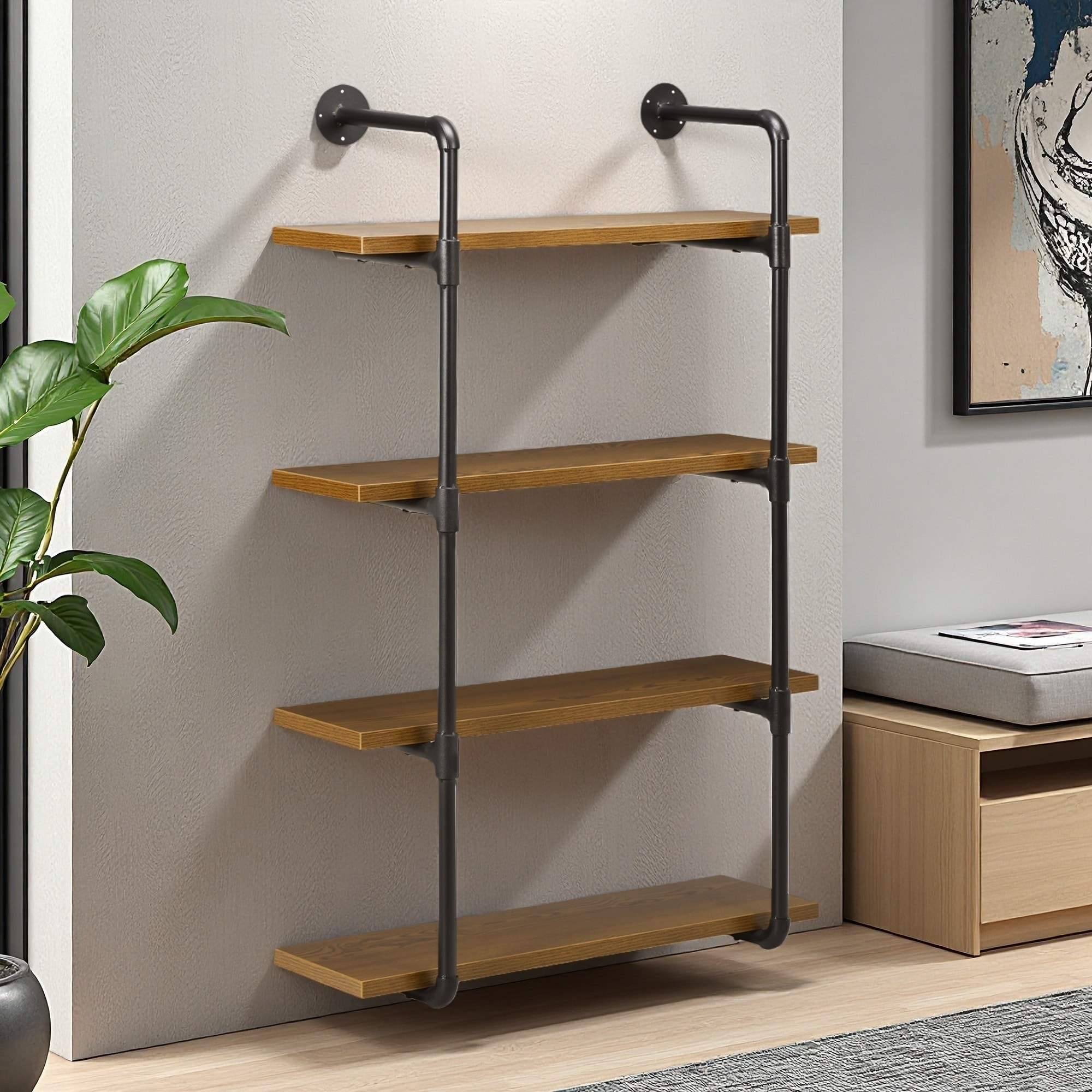 50.4"H Floating Industrial Pipe Shelves, 3-Tier Metal & Wood Rack