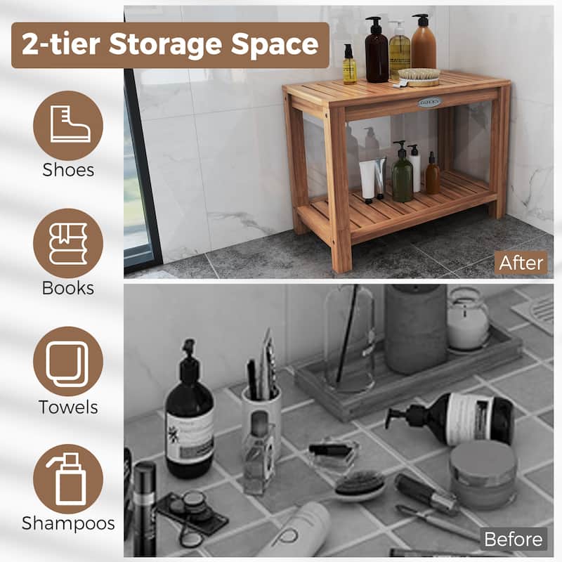 Gymax 24 Inch Teak Wood Shower Bench Inside Shower Stool w/ Storage