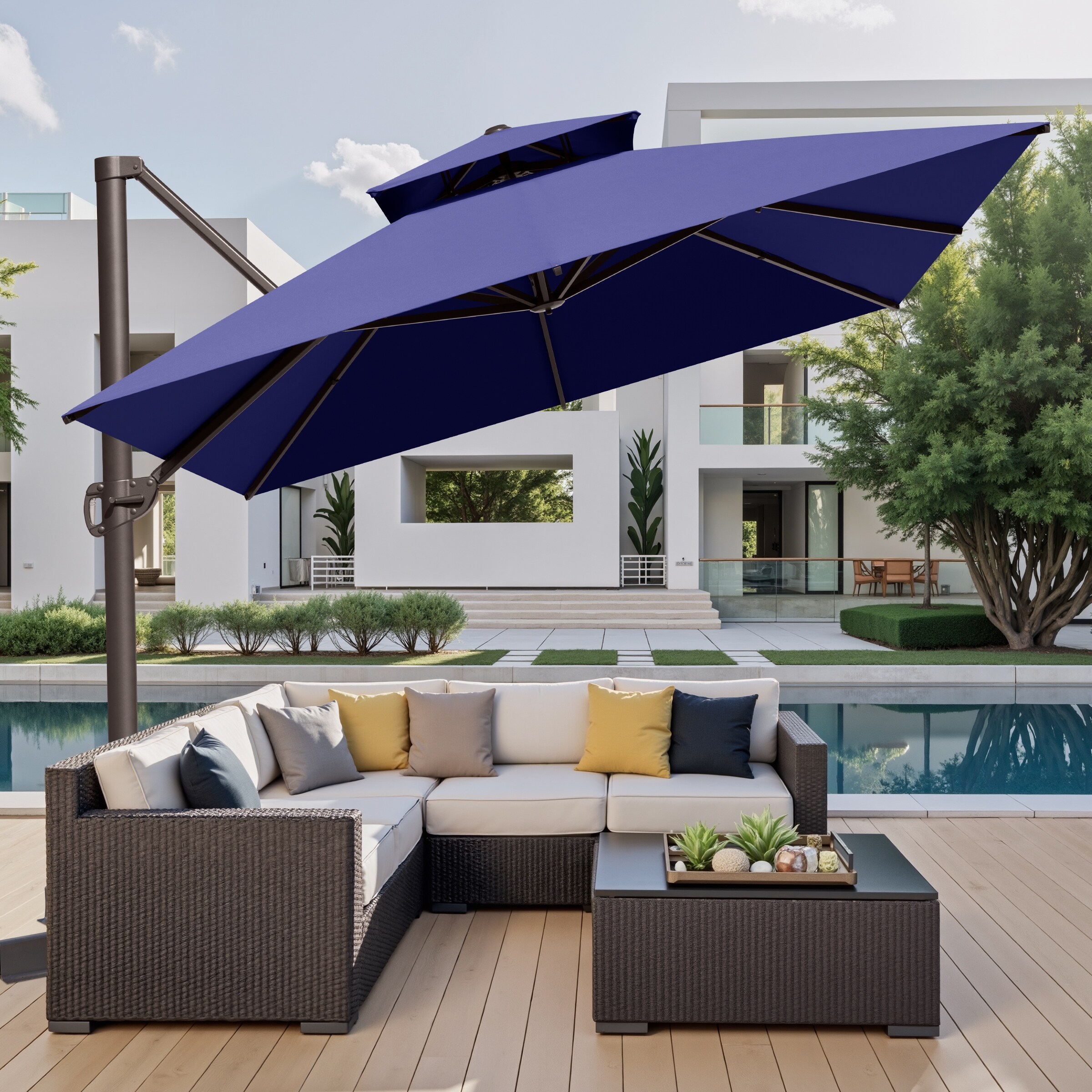 best 13 foot patio umbrella 10x13 ft large with base Made of durable 100% polyester fabric PHI VILLA 13ft Double-Sided Twin