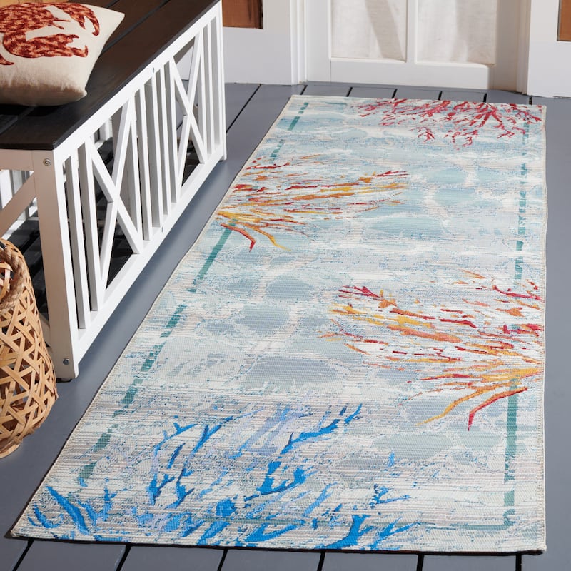 SAFAVIEH Barbados Ginta Tropical Indoor/ Outdoor Waterproof Patio Backyard Rug - Teal/White - 2'8" x 10'5" Runner