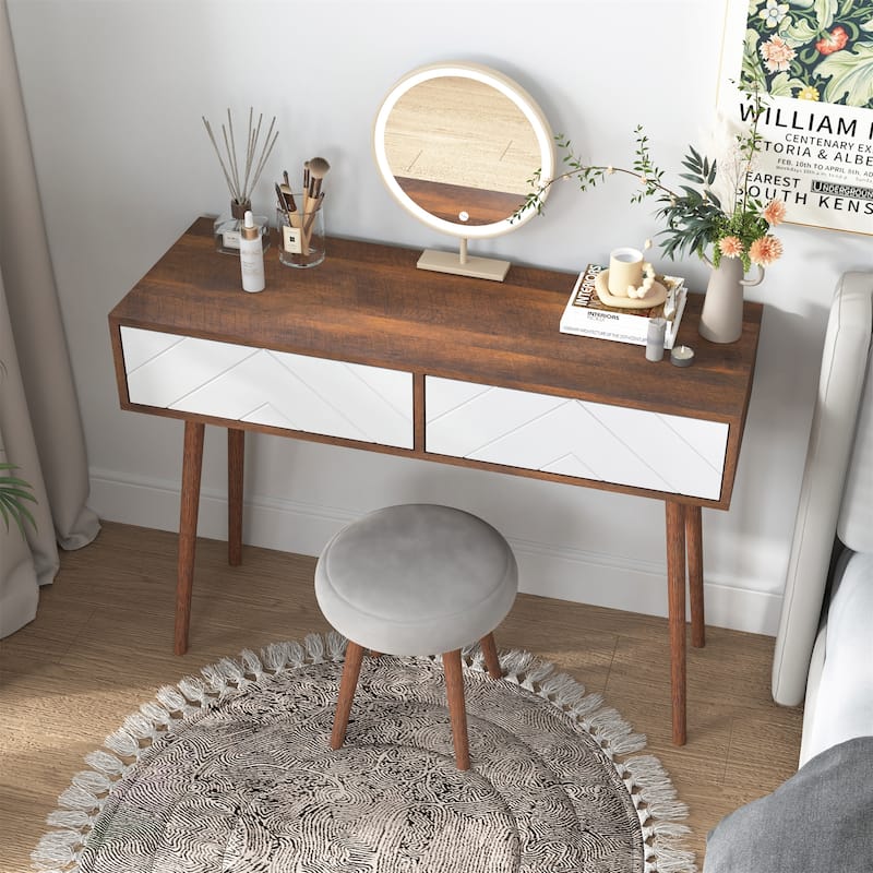 Console Table with 2 Carved Panel Drawers, Storage Space and Wood Legs