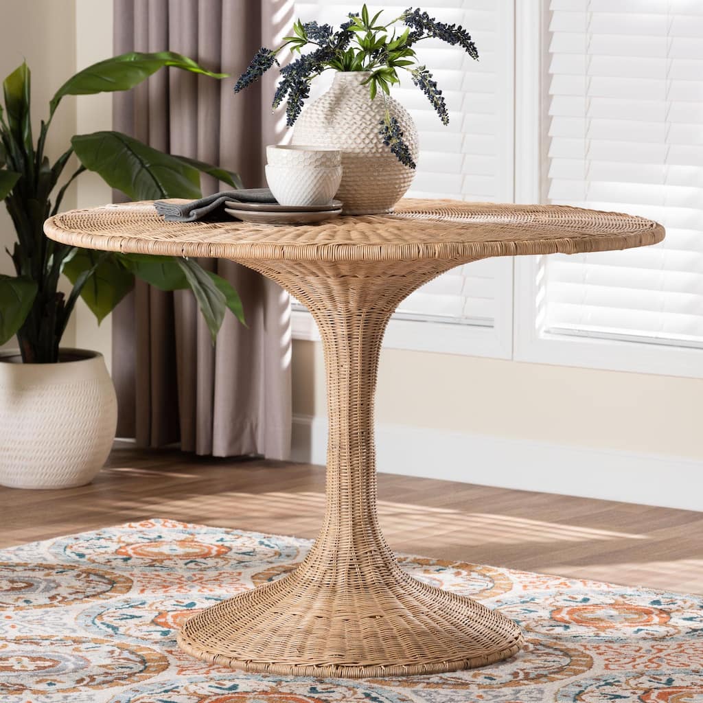Natala Rattan Dining Table - Handwoven Wicker Tulip Table, Pedestal Frame Centerpiece for Dining Room or Kitchen - Light Honey