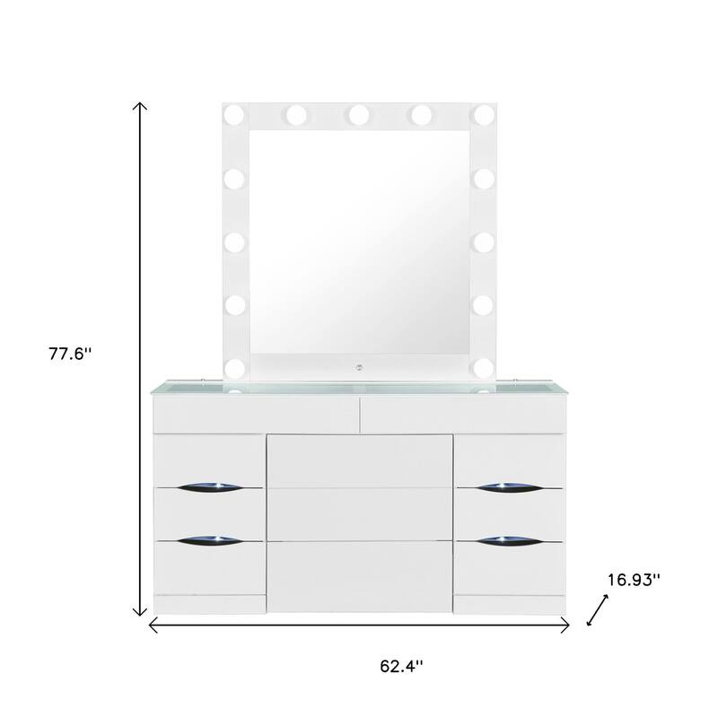 HomeRoots 62" White Wood And Glass Six Drawer Vanity Table With Mirror Seating And Lights