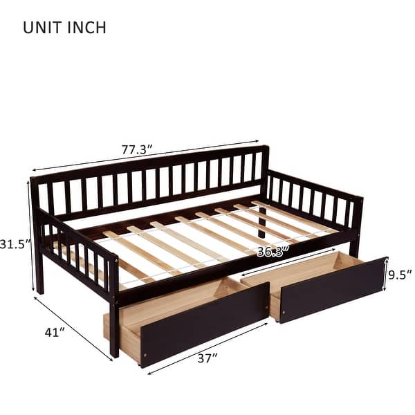 dimension image slide 1 of 3, Kids Daybed Wood Sofa Bed with Pull-out Storage Drawers Twin Size Platform Storage Bed with Headboard Footboard Guardrails