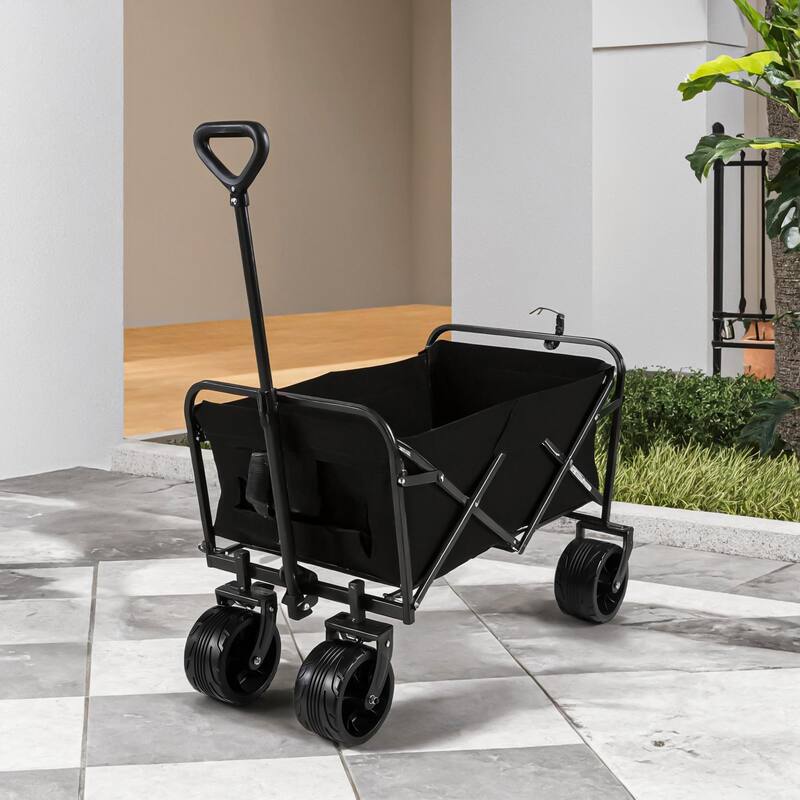 100L Collapsible Folding Beach Wagon Cart with 220Lbs Large Capacity, Wagons Carts Heavy Duty Foldable with Big Wheels - Black