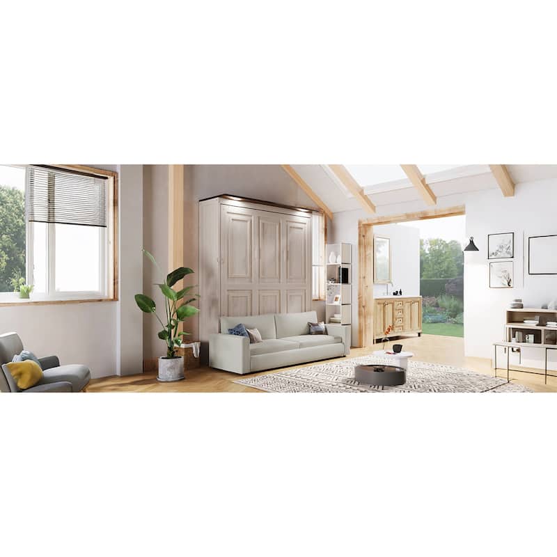 Roomfitters Queen Murphy Bed with Foldable Sofa and LED Lights, Space Saving, Beige