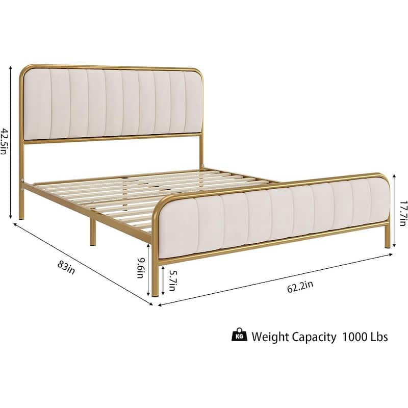 Gold Metal Platform Bed Frame with Off-White Upholstered Headboard