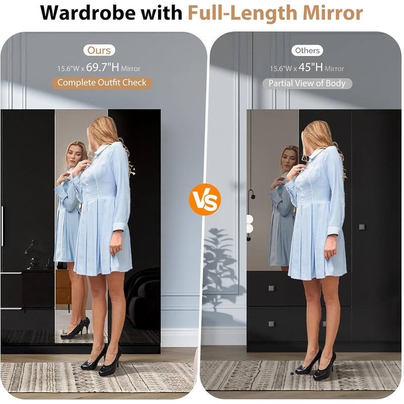 Armoire 4 Doors 2 Drawers with Full-length Mirror Door with High Gloss Paint