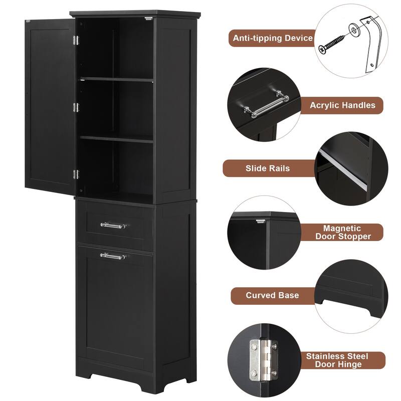 Modern Bathroom Storage Cabinet with Drawers and Adjustable Shelf, Freestanding Floor Cabinet with Acrylic Handles