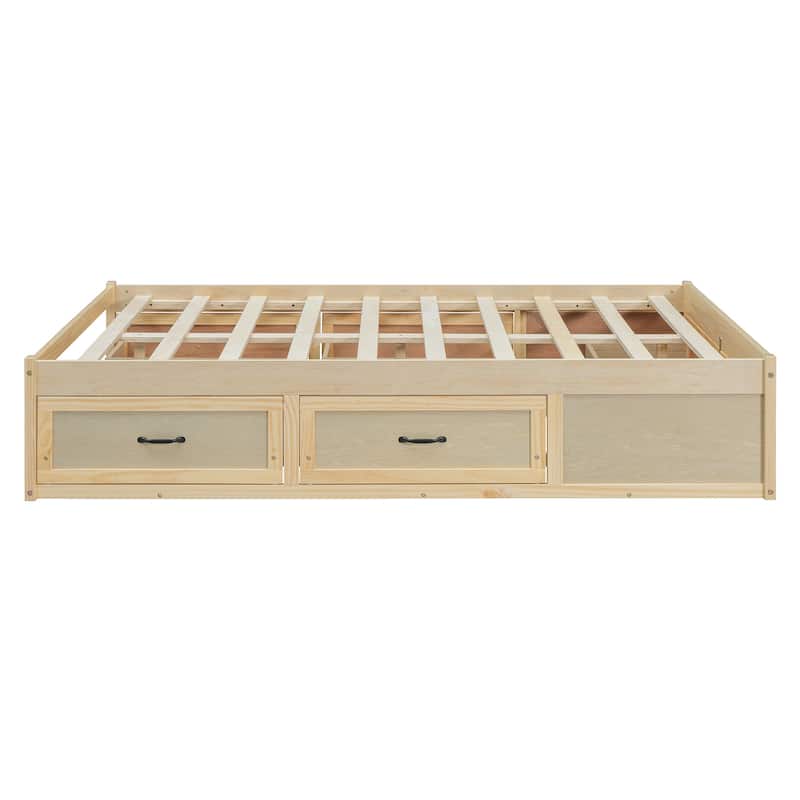 Queen Size Platform Bed Frame with 6 Built-In Storage Drawers, No Headboard, Low Profile Design in Antique