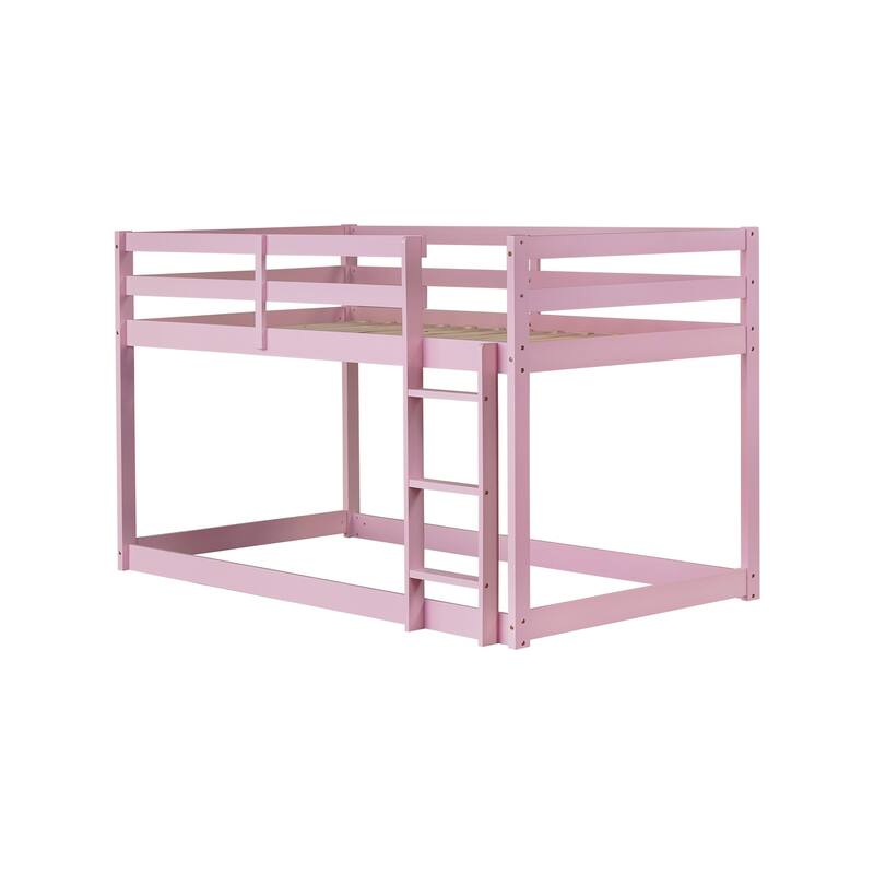 Wooden Twin over Twin Floor Bunk Bed with Ladder, with Bed Platform of Strengthened Slats