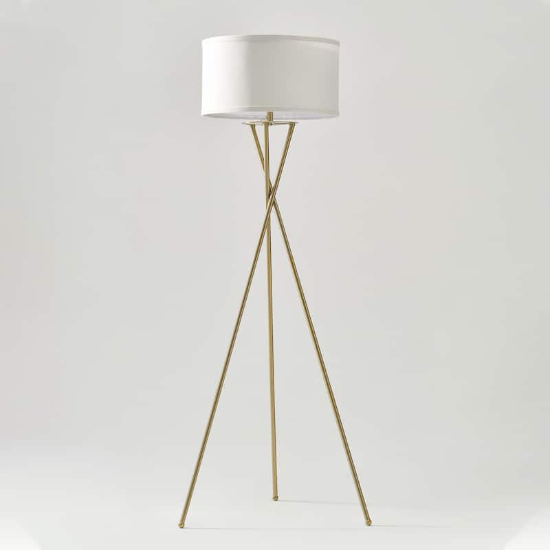 Brightech Jaxon 60 in. Antique Brass Mid-Century Modern LED Super Bright Floor Lamp with White Fabric Drum Shade