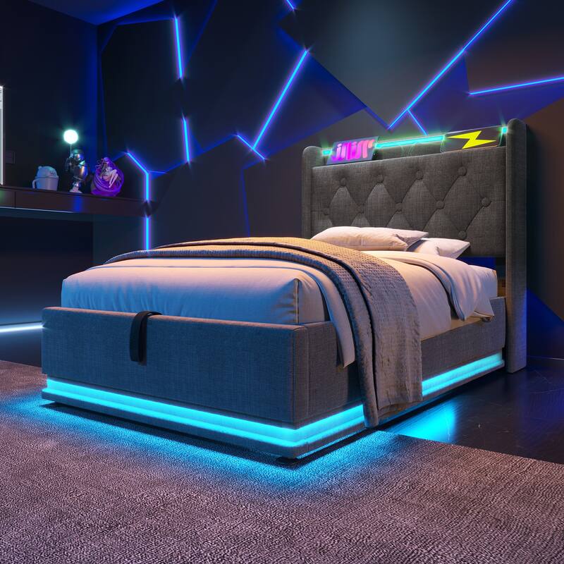 Upholstered Platform Bed with 360 Surround LED Function and USB Type-C Charging