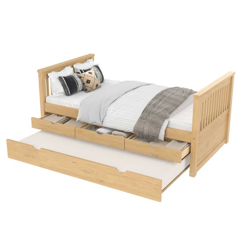 Twin Platform Bed with Drawers and Trundle, Solid Wood Daybed, No Spring Box Needed
