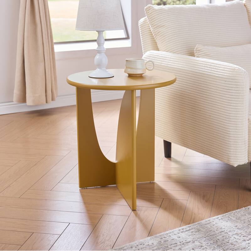 Theo Round Wood Side Table with Sculptural U-Shaped Base - Honey Mustard