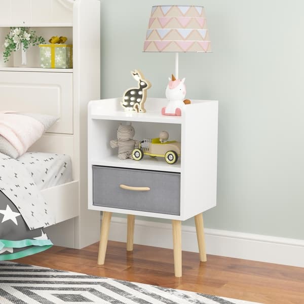 slide 2 of 20, Nightstand With Collapsible Fabric Drawer, 2-Tier Storage End Table, Wood Side Table with Storage Cabinet for Kids, Adults White