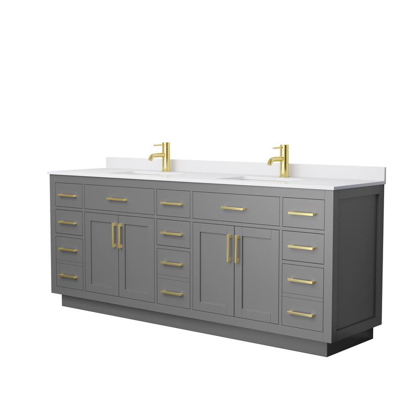 Beckett TK 84-inch Double Vanity, Cultured Marble Top - Dark Gray, Gold Trim, White Cultured Marble Top