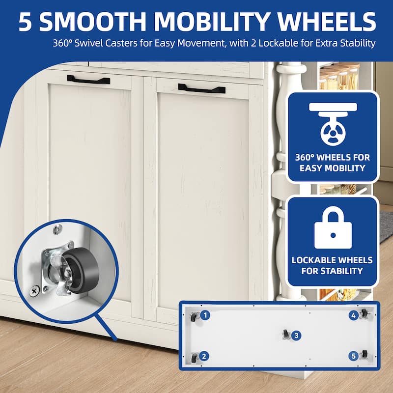 Moasis 47.6 inch Mobile Kitchen Island with Drop Leaf and Power Outlet&Pull-Out Trash Can Storage