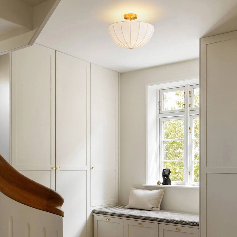 3-Light Modern Silk Flush Mount Ceiling Light, Semi Dome Fabric Shade for Bedroom - 3 Light