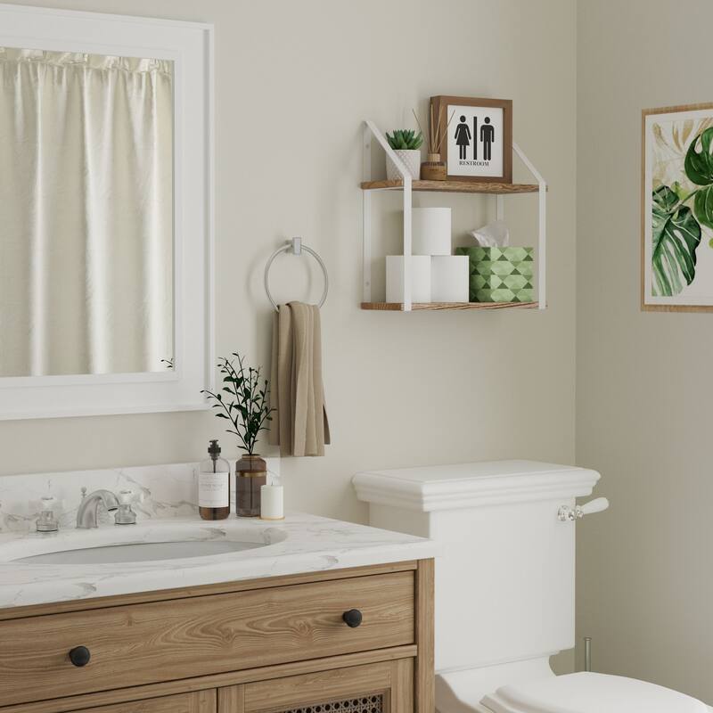 Wallniture Modena 2 Tier Shelves with White Brackets, Bathroom Wall Decor, 17x6", Burnt