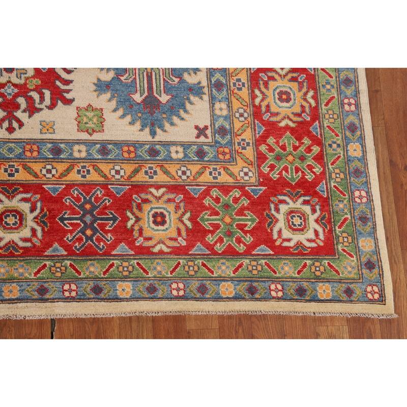 Geometric Kazak Area Rug Hand-Knotted Beige / Ivory Wool Carpet - 6'5" x 9'8"