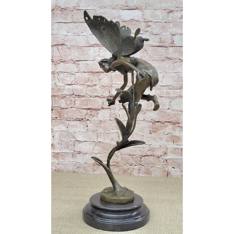 Mythical Fairy Nymph Flower Floral Scene Bronze Statue Sculpture Marble Base Art 19 Inches X 7 Inches