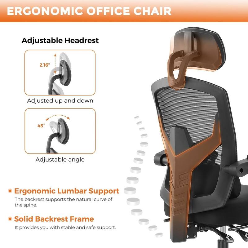 Home Office Desk Chair with Footrest, High-Back Mesh Reclining Chairs with Headrest for Home, Office, Gaming, Student