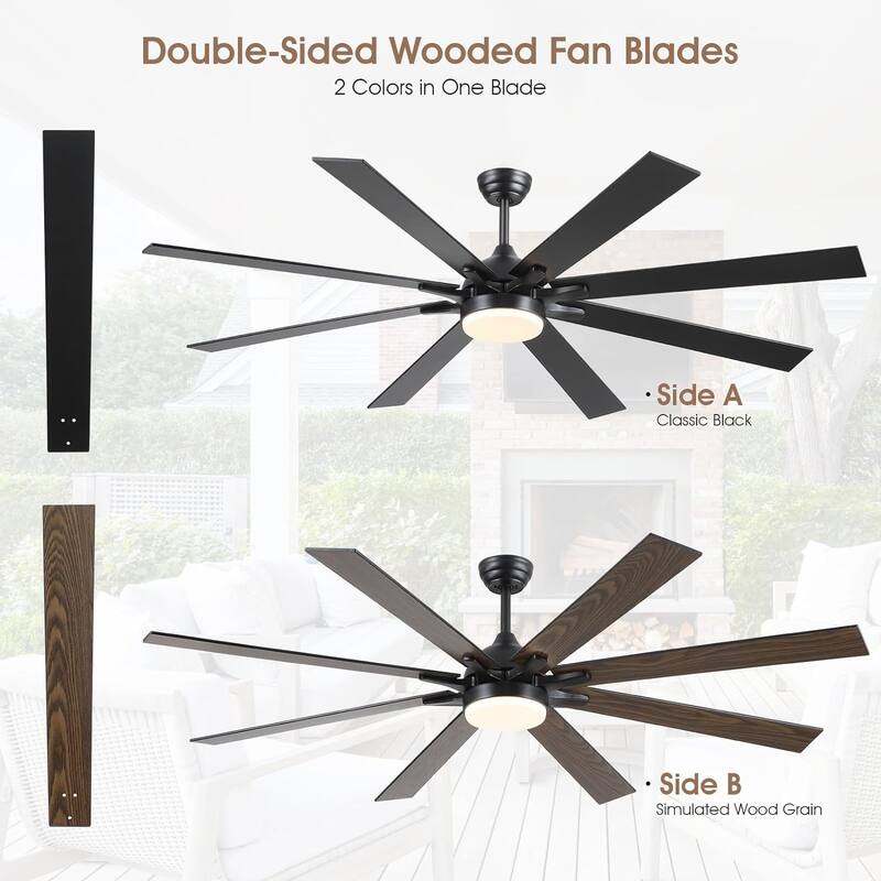 Kviflon 72 Inches 8 Blades Ceiling Fan with Light for indoor or Outdoor Patio Garage Large Living Room - 72 Inches
