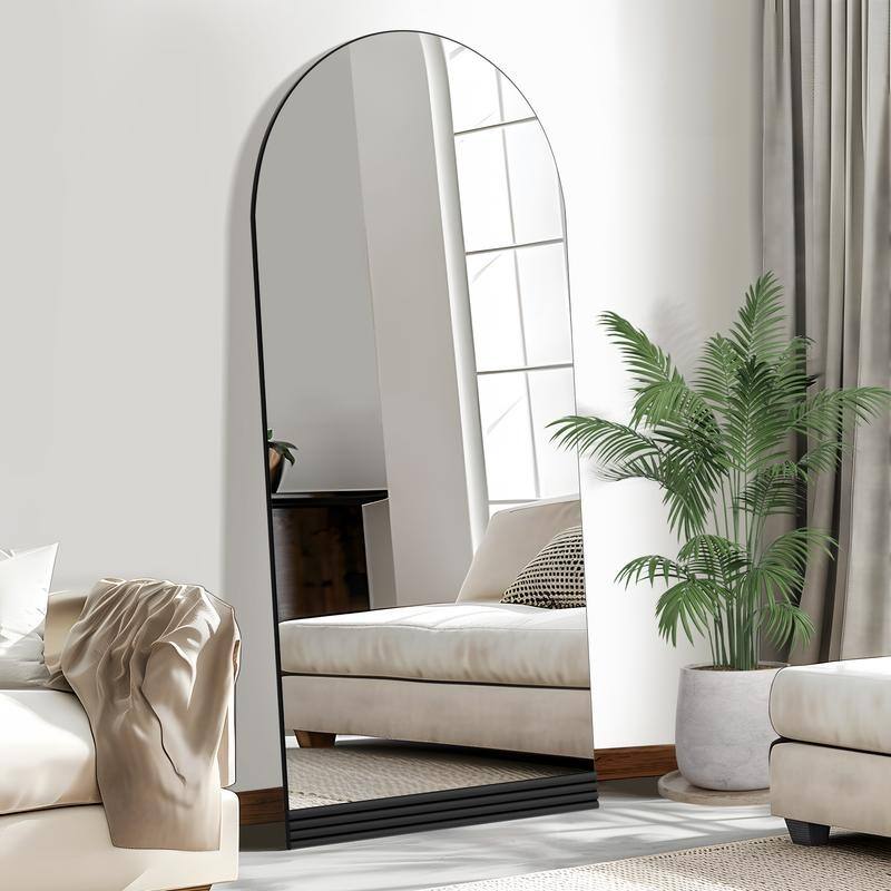 Full-Length Arched Wood Frame Wall Mirror with Striped Wooden Base in Black - 71"x31"