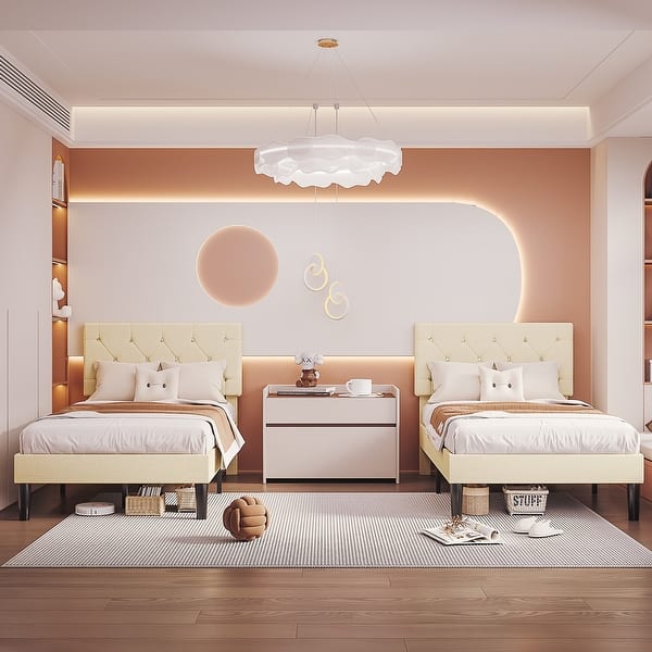 slide 2 of 51, VECELO 2 Pack Upholstered Twin Size Kids Bed Frame Set of 2 Diamond Tufted Headboard with Crystal/Button Accents Beige