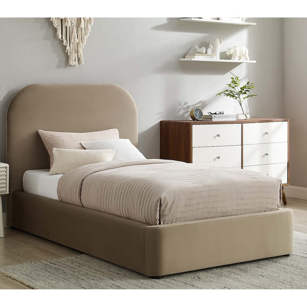 Hillsway Modern Curved Headboard Taupe Velvet Upholstered Twin Size Platform Bed