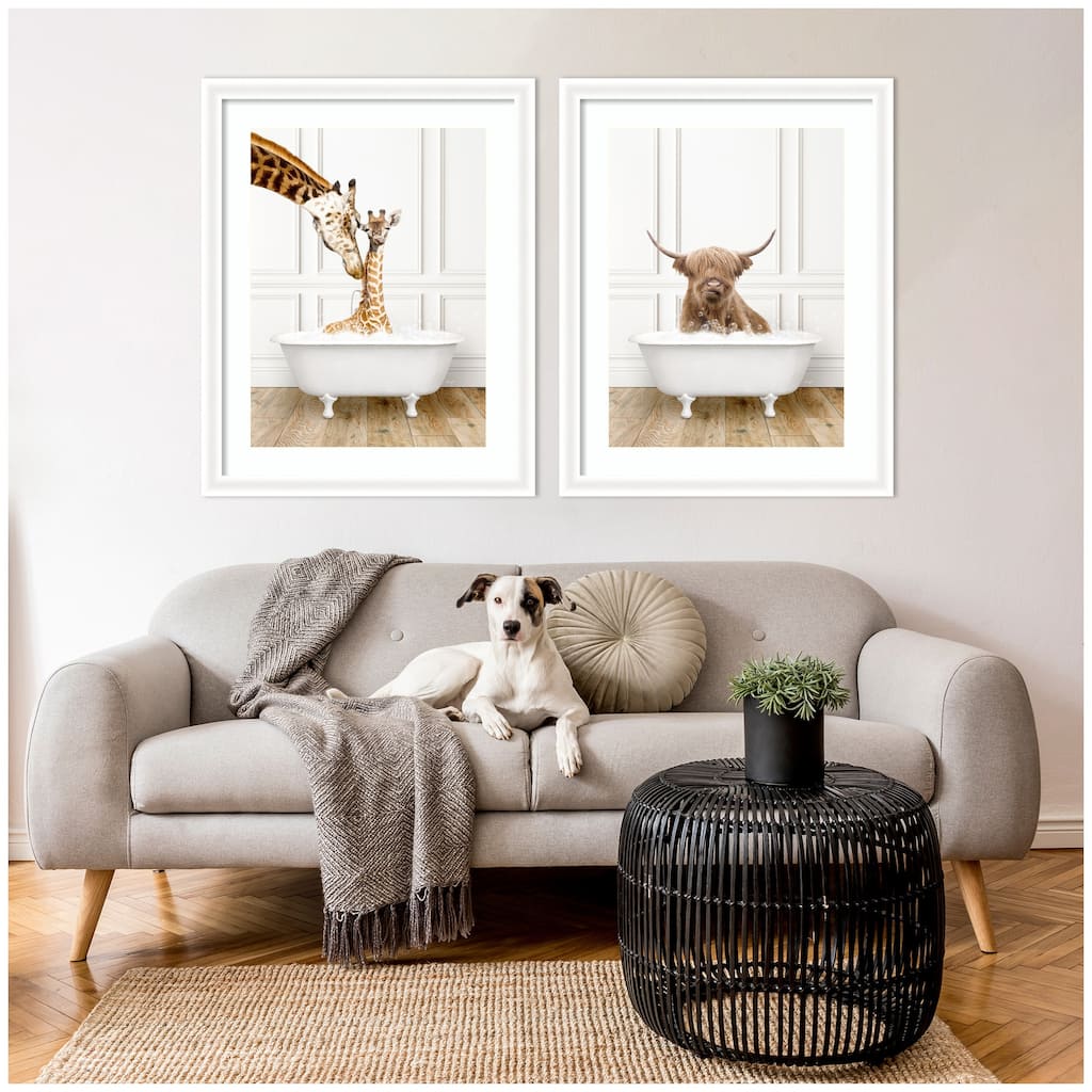 Kate and Laurel Highland Cow & Giraffe in Traditional Bathtub 2 Piece Framed Wall Art Print Set by Amy Peterson