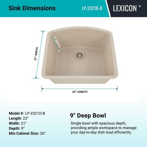 dimension image slide 3 of 6, Lexicon Platinum 2321D Quartz Composite Single Bowl Kitchen Sink